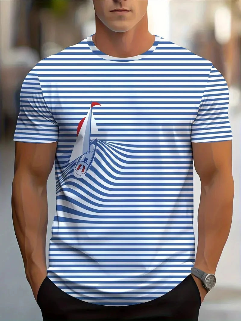 Sley Fashion Stripe Graphic T Shirts For Men Summer Casual Daily Wear 3D Printed Crew Neck Tees Loose Streetwear Oversized T-shirts