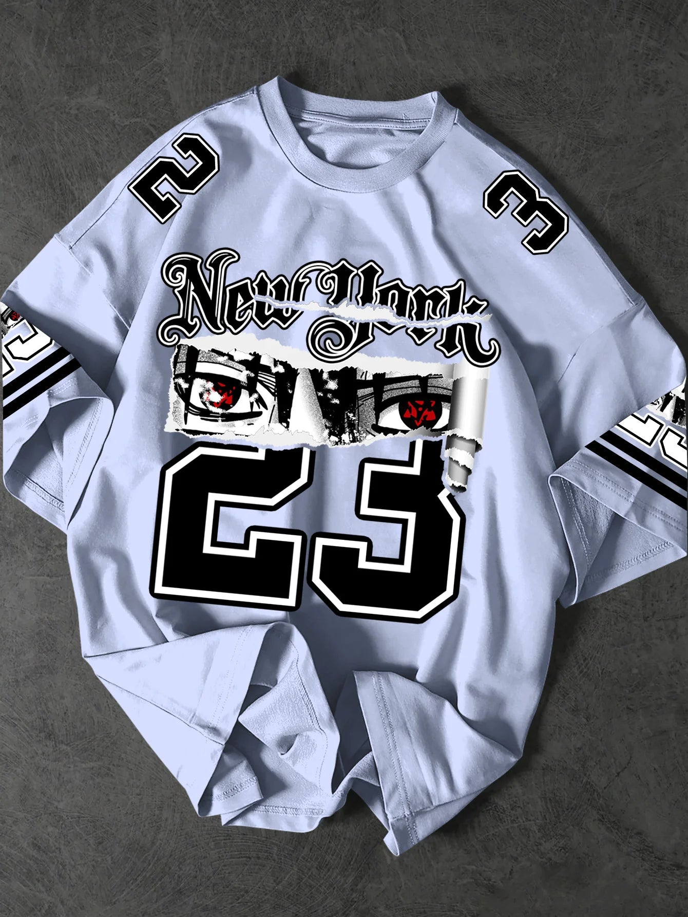 Sley 2New York 23 Graphic T-Shirt Men Streetwear Red Eye & Torn Paper Print Black Crew Neck Short Sleeve Polyester Tops S-2XL