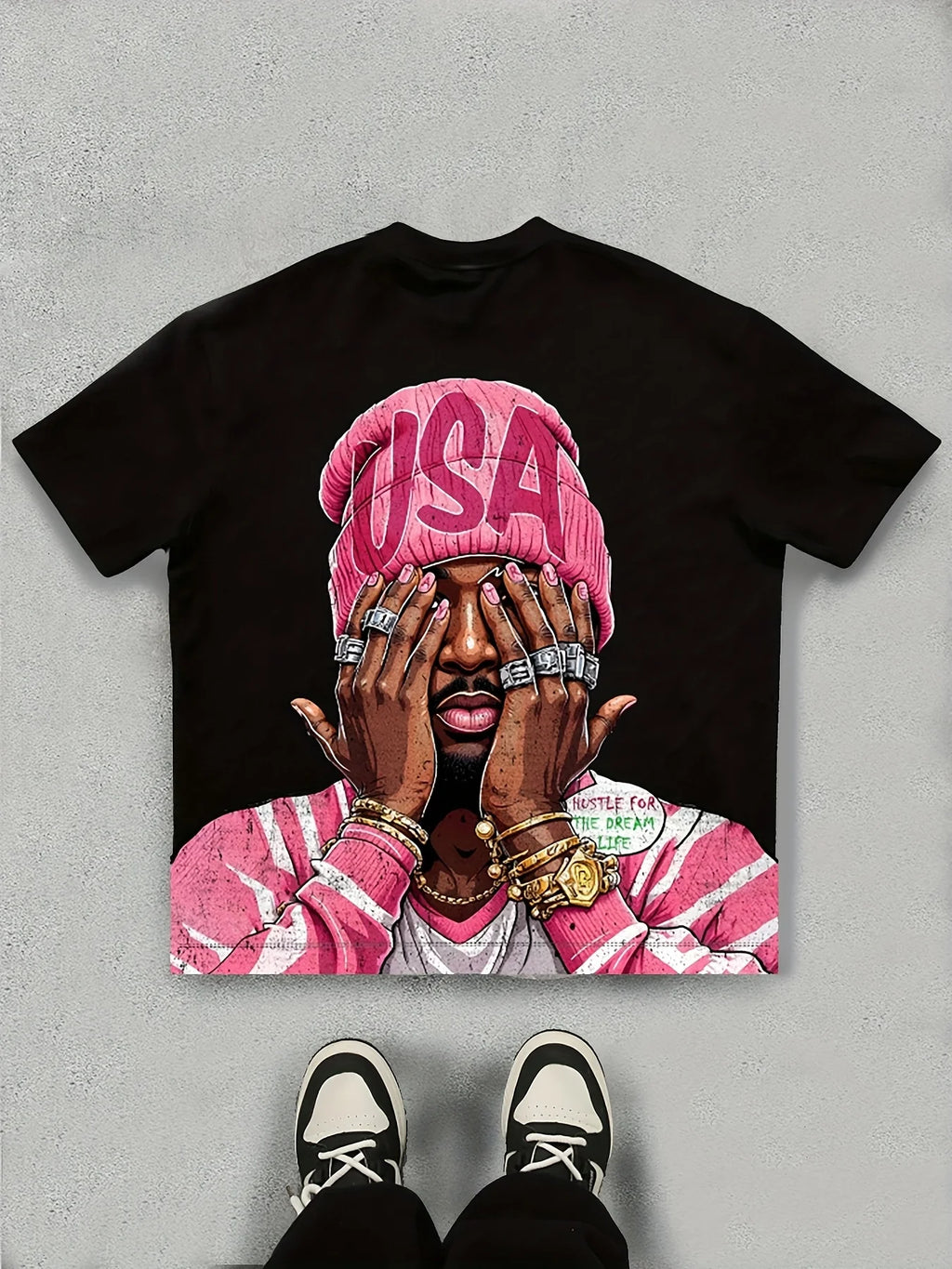 Sley Men's Casual Summer Short Sleeve T-Shirt USA Graphic Print Pink & White Design Round Neck Lightweight & Breathable Casual Attire