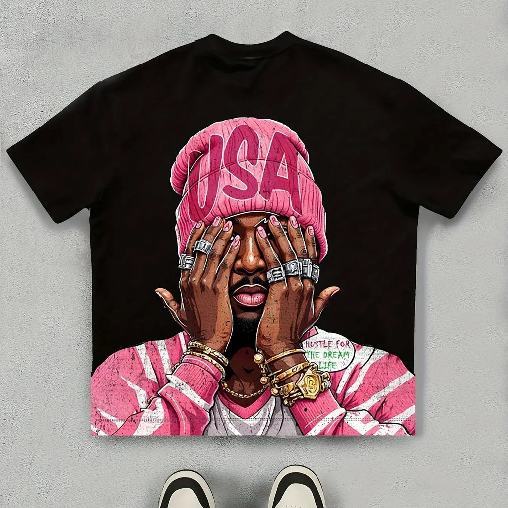 Sley Men's Casual Summer Short Sleeve T-Shirt USA Graphic Print Pink & White Design Round Neck Lightweight & Breathable Casual Attire