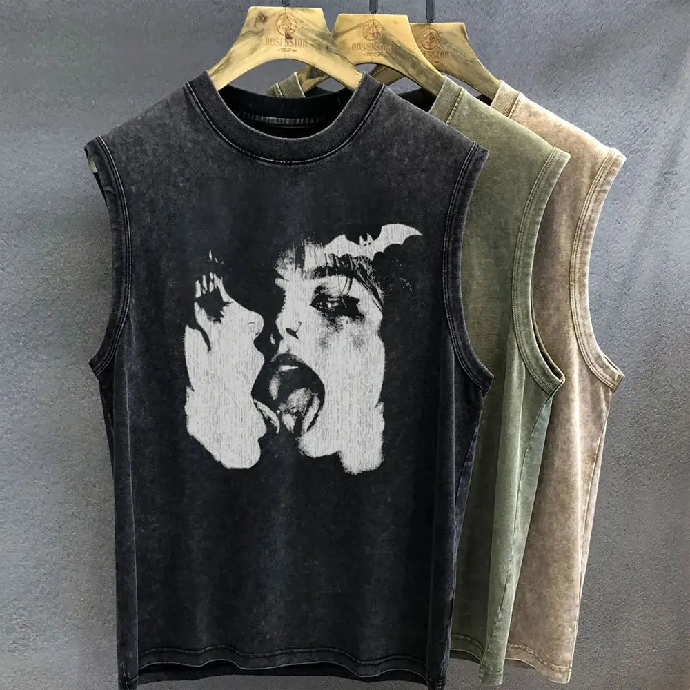 Sley Graphic T Shirt for Men Vintage Washed Print Tank Tops Oversized Sleeveless Vest Woman Gym Y2k Clothes Streetwear Summer