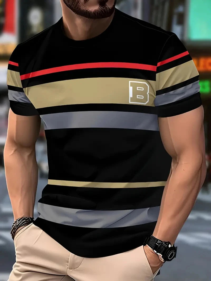 Sley Fashion Stripe Graphic T Shirts For Men Summer Casual Daily Wear 3D Printed Crew Neck Tees Loose Streetwear Oversized T-shirts